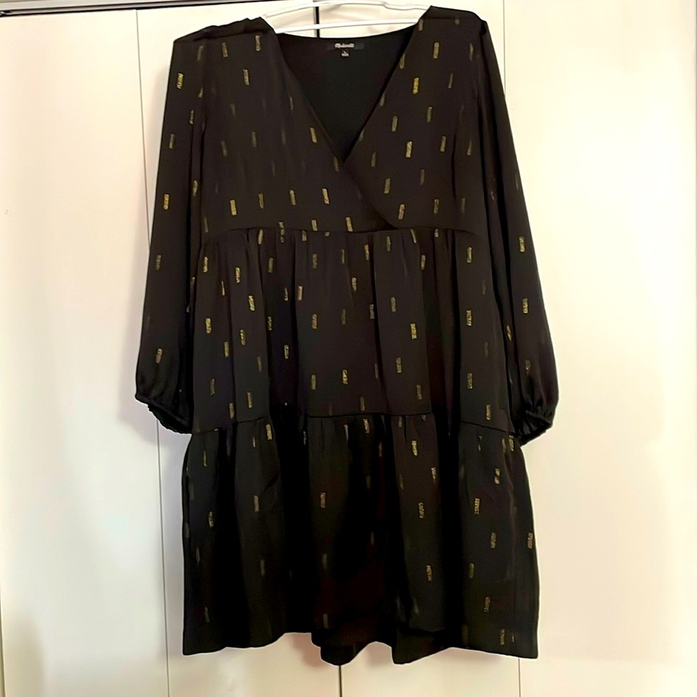 Madewell L Metallic Jacquard Faux-Wrap Tiered Mini Dress Surplice Bodice Black